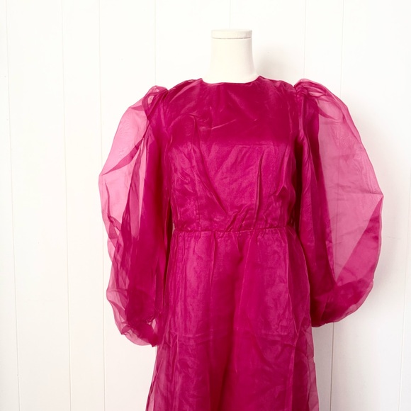 VEILED NWT Silk Organza Balloon Sleeve A-Line Maxi Dress Sz Small Short Hot Pink - Picture 5 of 9